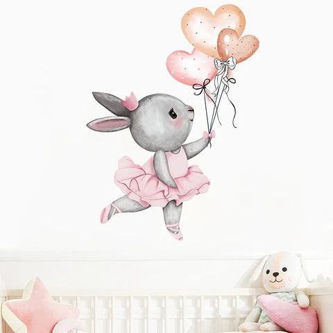 Cartoon Grey Ballet Rabbit with Heart Balloon Wall