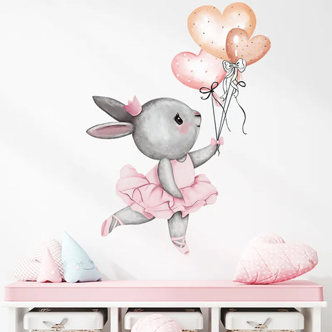 Cartoon Grey Ballet Rabbit with Heart Balloon Wall